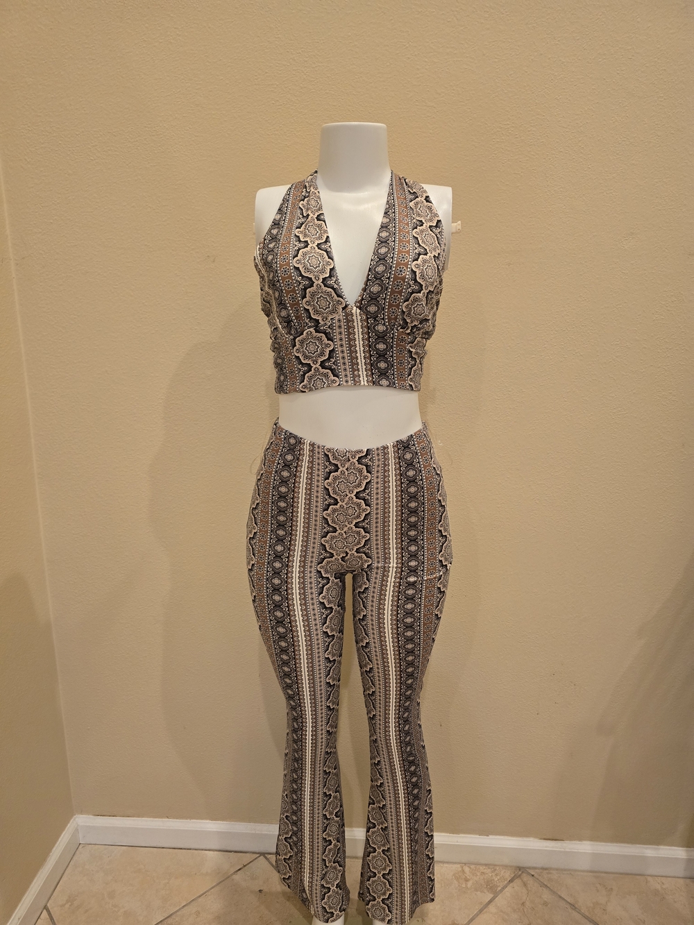 Boho Halter Crop Top & Flare Pants Set - Cream & Black